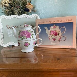 Fine Porcelain 3pc Tea Cup with Pot - Pink Rose Floral
